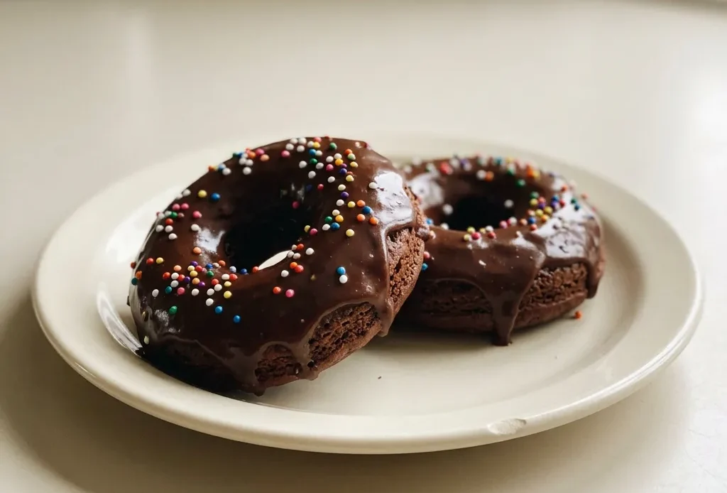 Overhead shot of three chocolate protein donuts on a white plate, topped with chocolate chips and a drizzle of syrup.