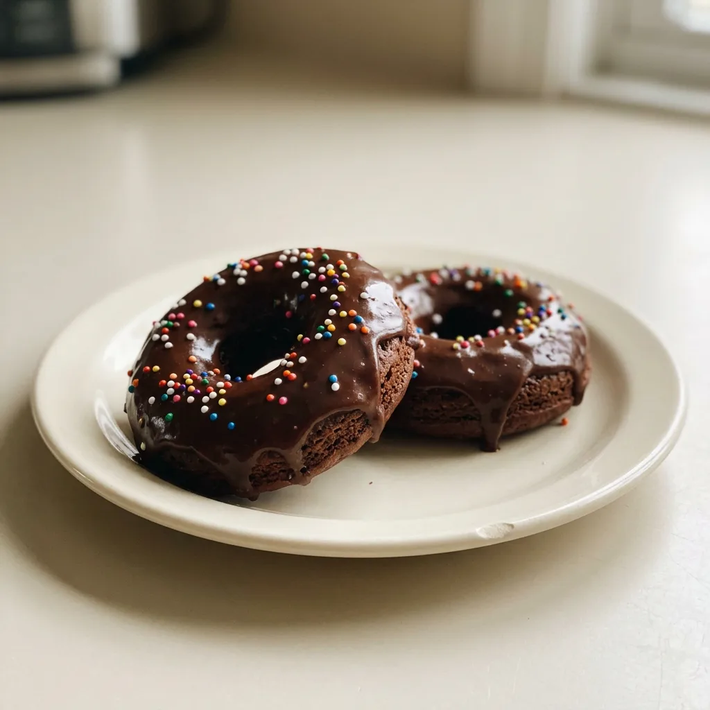 Overhead shot of three chocolate protein donuts on a white plate, topped with chocolate chips and a drizzle of syrup.