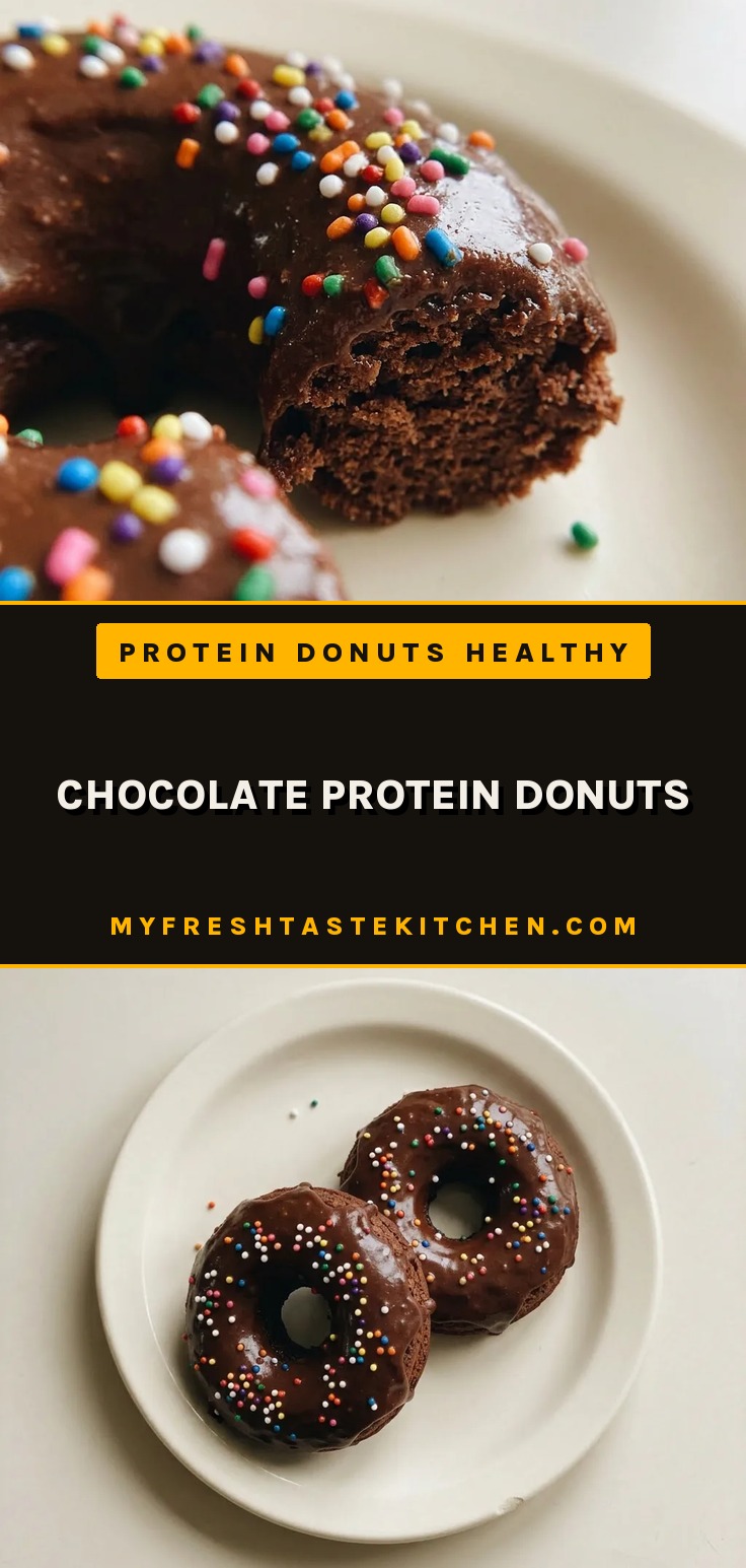 Chocolate protein donuts topped with chocolate glaze and colorful sprinkles, arranged on a wire rack.