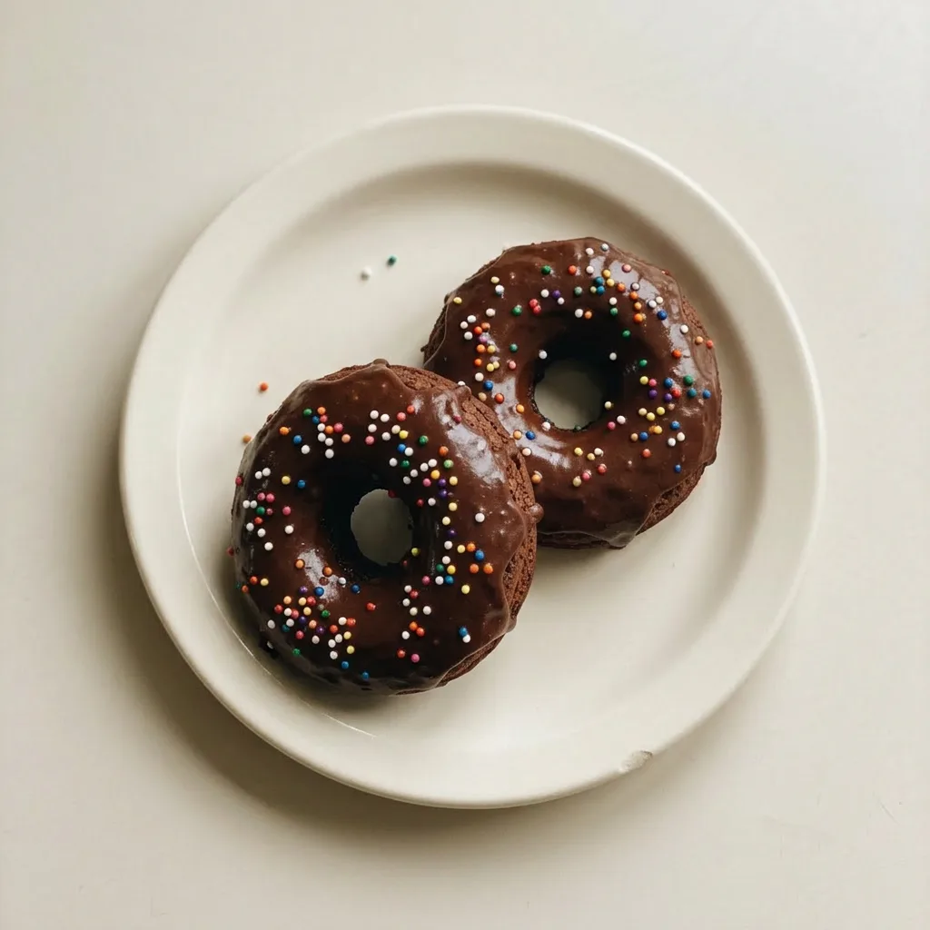 Plated single chocolate protein donut with a crumbly texture, chocolate chips, and syrup topping.