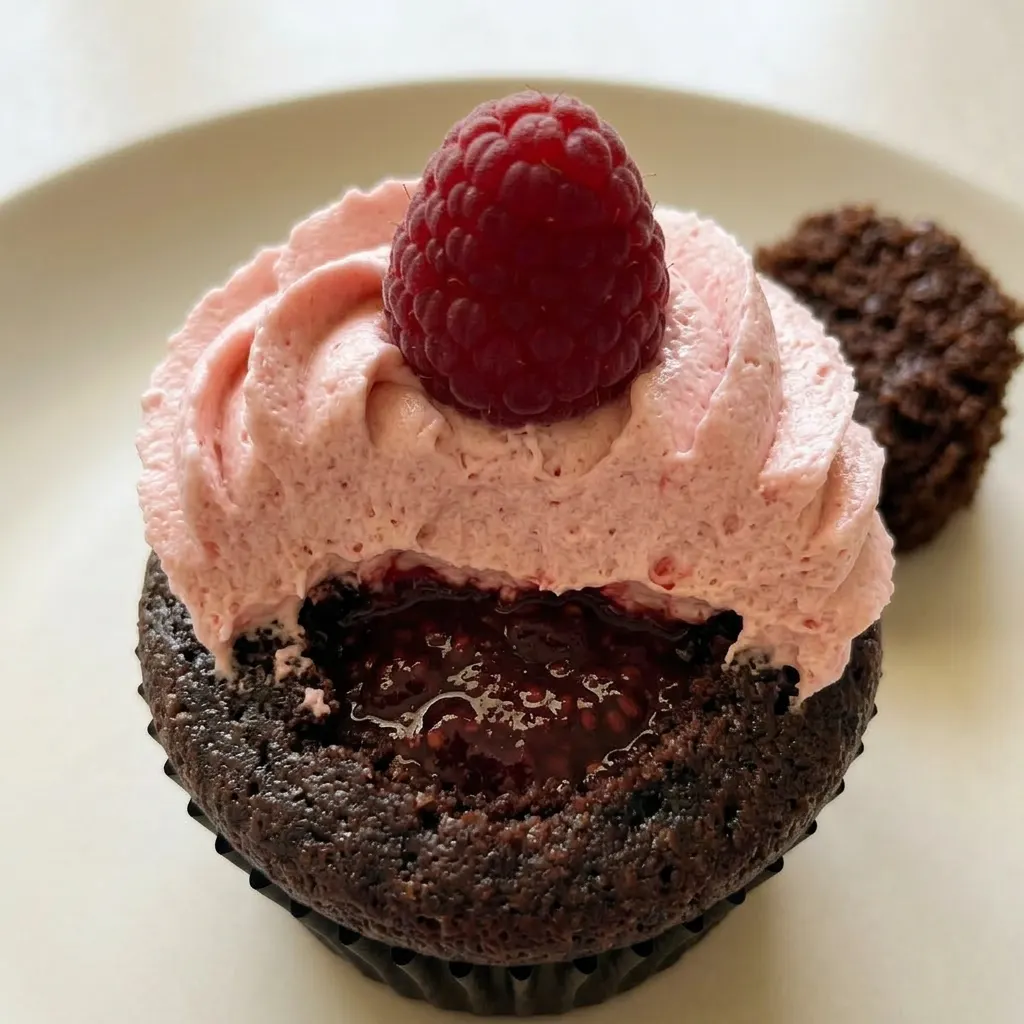 Macro detail of a chocolate cupcake with raspberry buttercream, showing a fresh raspberry and chocolate shavings on top.