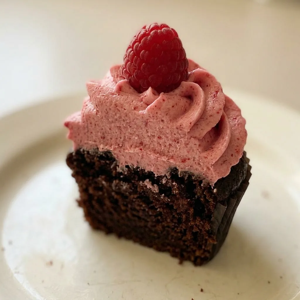 Close view of a chocolate cupcake with swirl of raspberry buttercream, topped with freeze-dried raspberry pieces.