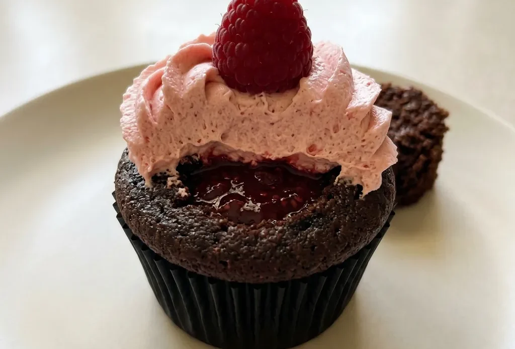 Top-down look at three chocolate cupcakes topped with swirls of raspberry buttercream and a fresh raspberry on each.
