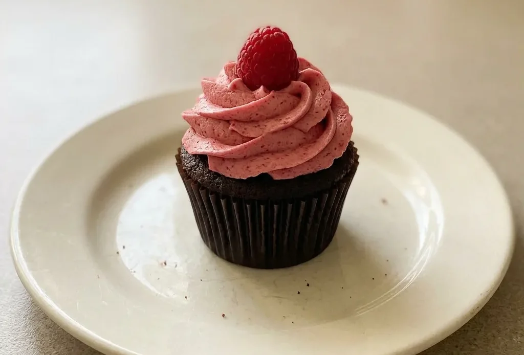 Overhead shot of a chocolate cupcake topped with raspberry buttercream and a freeze-dried raspberry.