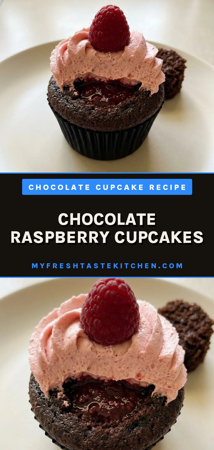Top-down look at three chocolate cupcakes topped with swirls of raspberry buttercream and a fresh raspberry on each.