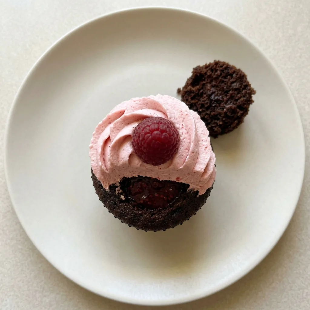 A serving of chocolate cupcake with raspberry buttercream, garnished with a fresh raspberry and dark chocolate curls.