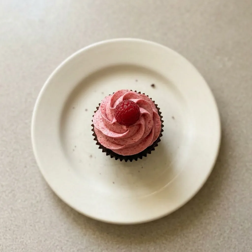 Plated chocolate cupcake with raspberry buttercream, cream dollop, and freeze-dried raspberries.