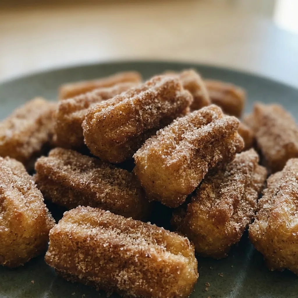 Up close, a churro bite shows a crispy, golden exterior with visible cinnamon specks and a glossy chocolate drizzle.