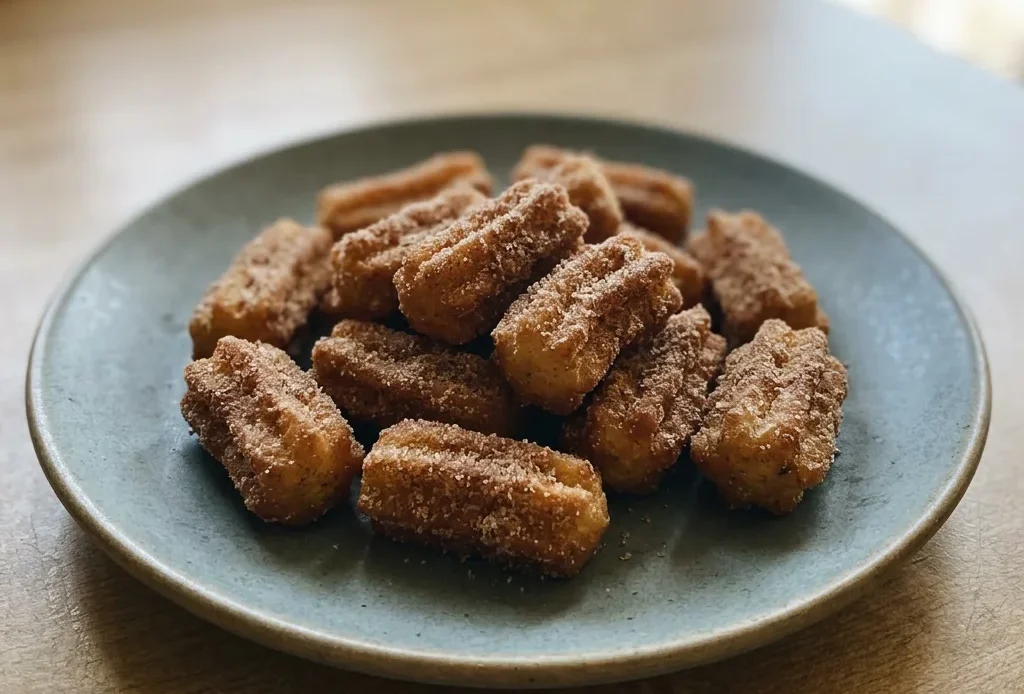 Looking down at a pile of golden-brown churro bites dusted with cinnamon and sugar, drizzled with chocolate sauce.