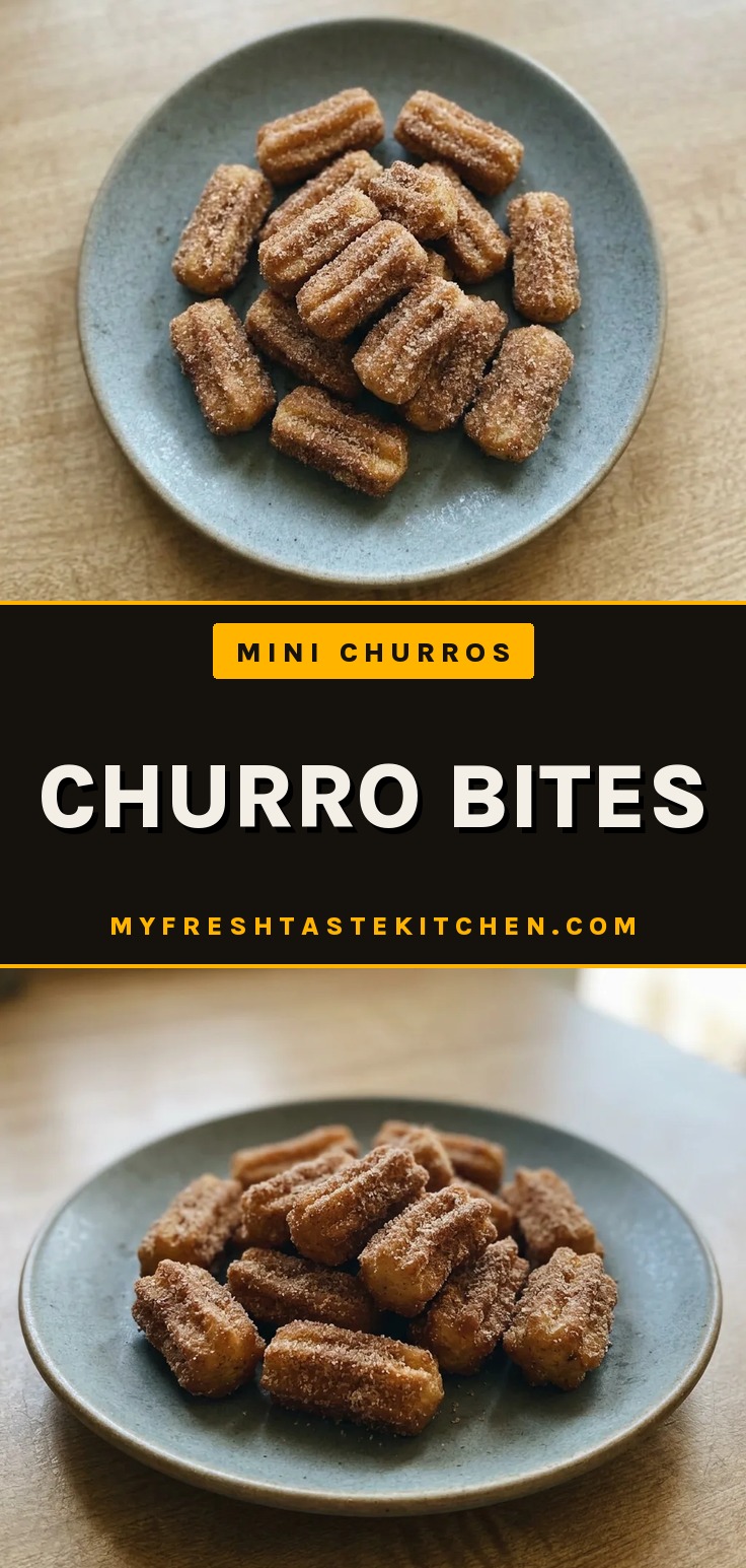 Cinnamon sugar churro bites are small golden brown fried dough pastry pieces coated in cinnamon sugar.