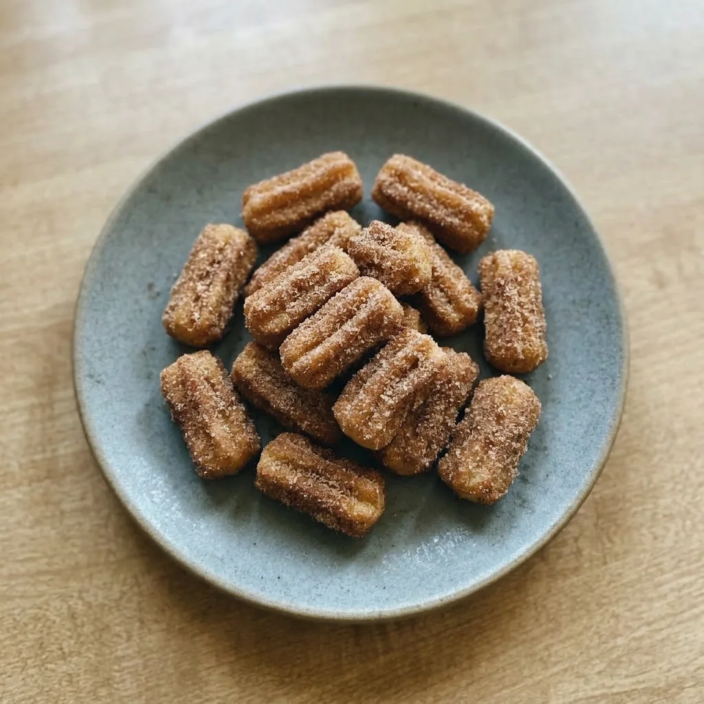 A plate of churro bites, each about two inches long, coated in cinnamon sugar and topped with a rich chocolate sauce.
