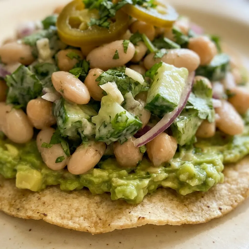 Up close, a forkful of cilantro lime bean salad with white and beige beans, green cilantro, jalapeño, and avocado, with a lime wedge in the background.