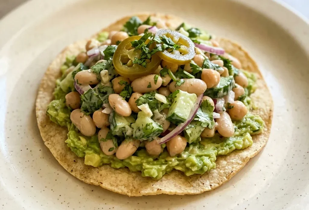 Looking down at a bowl of bean salad with cannellini beans, chickpeas, cilantro, lime wedges, jalapeño slices, and avocado chunks, with tostadas on the side.