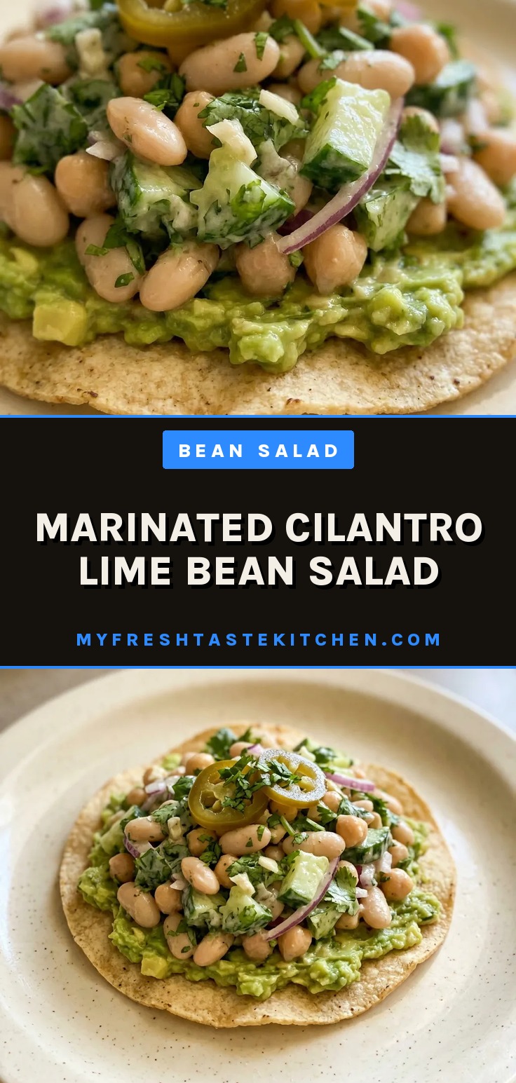 Marinated cilantro lime bean salad on a tostada with avocado, chickpeas, and pickled jalapeño.