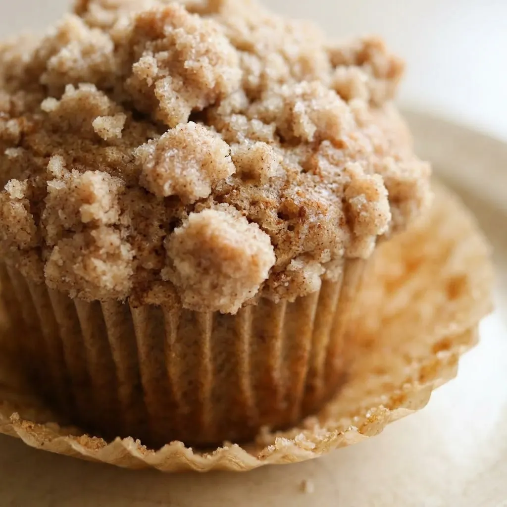 Macro detail of a muffin top with a thick layer of cinnamon streusel and a moist crumb.