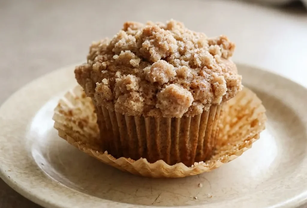 Top-down look at a round muffin with a cinnamon swirl pattern on top, visible brown sugar crumble.