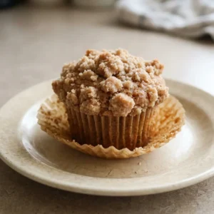 Top-down look at a round muffin with a cinnamon swirl pattern on top, visible brown sugar crumble.