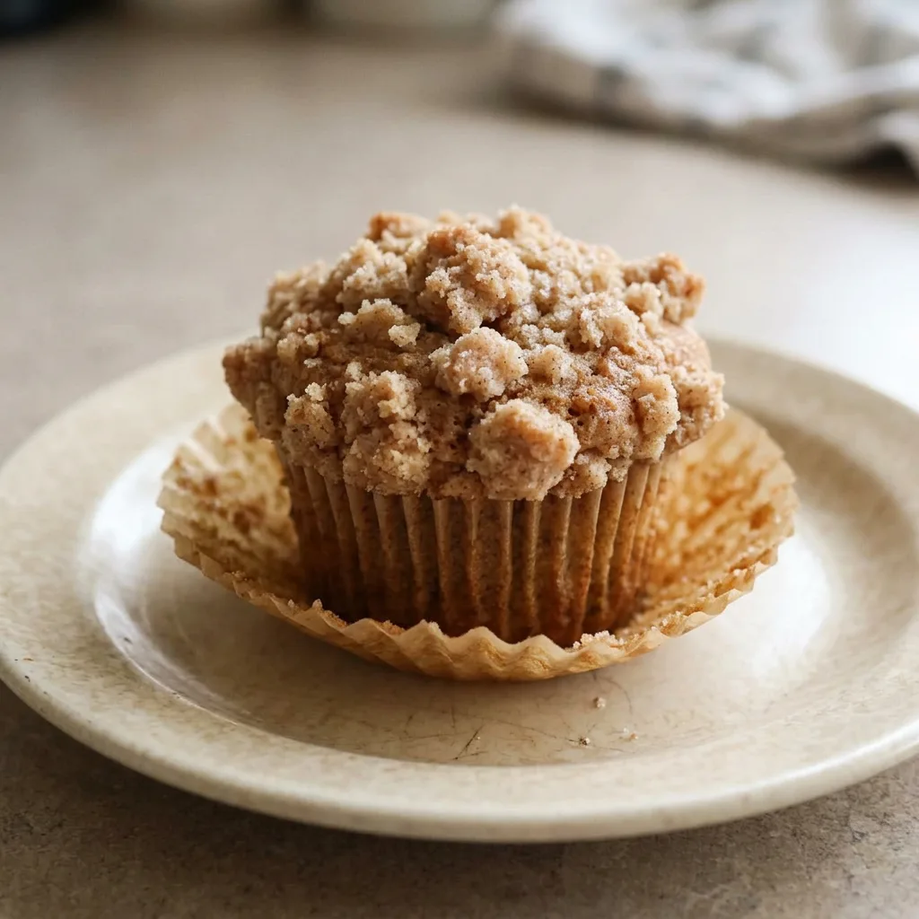 Top-down look at a round muffin with a cinnamon swirl pattern on top, visible brown sugar crumble.