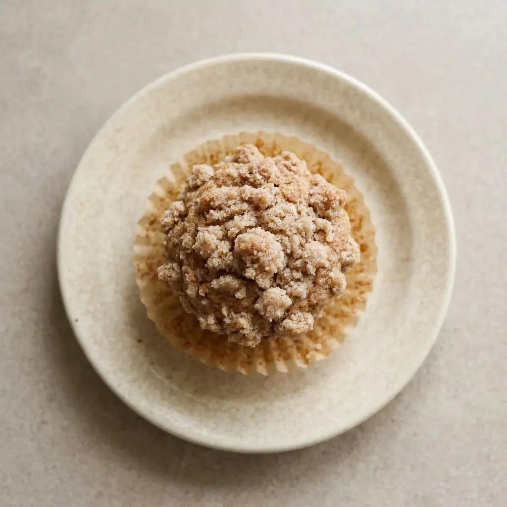 A serving of a muffin with a golden brown dome, cinnamon streusel topping, and a tender interior.