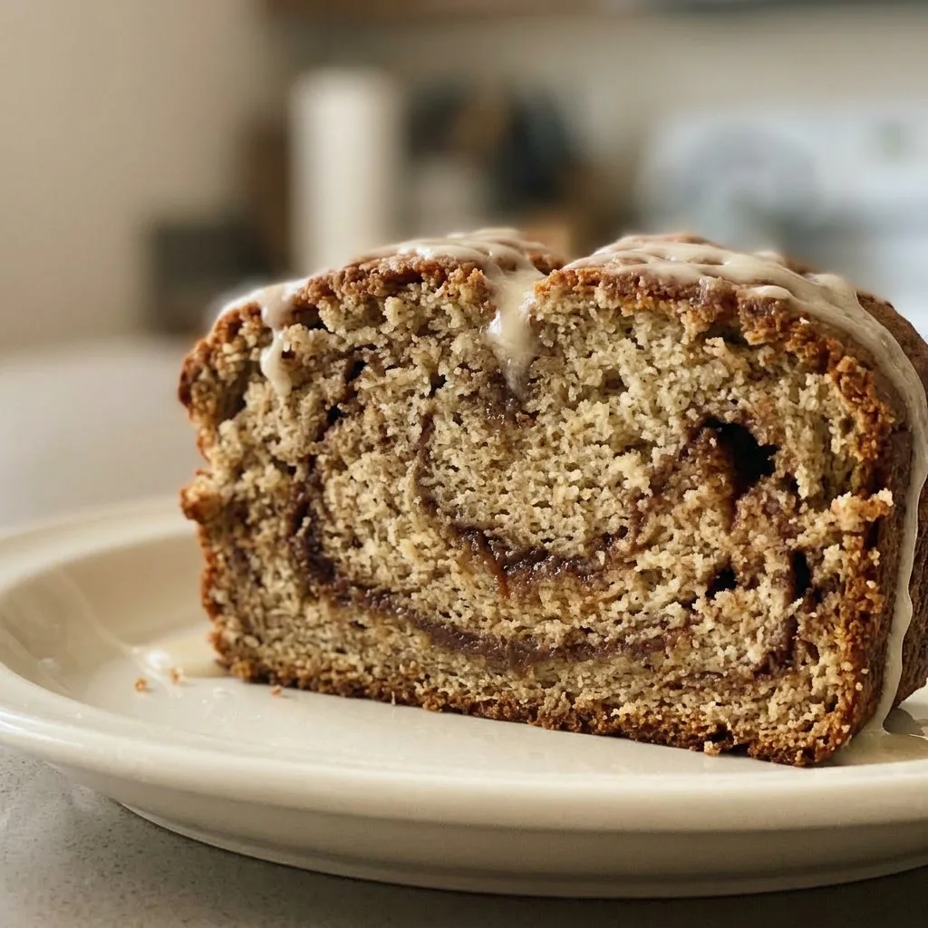Macro detail of a banana bread slice showing a glossy icing drip over a cinnamon-streaked crumb.