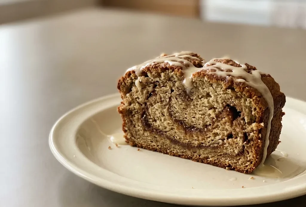 Top-down look at a slice of banana bread with a thick cinnamon swirl and a drizzle of white icing.