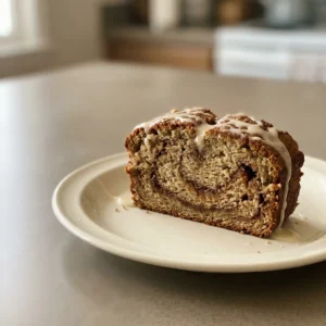 Top-down look at a slice of banana bread with a thick cinnamon swirl and a drizzle of white icing.