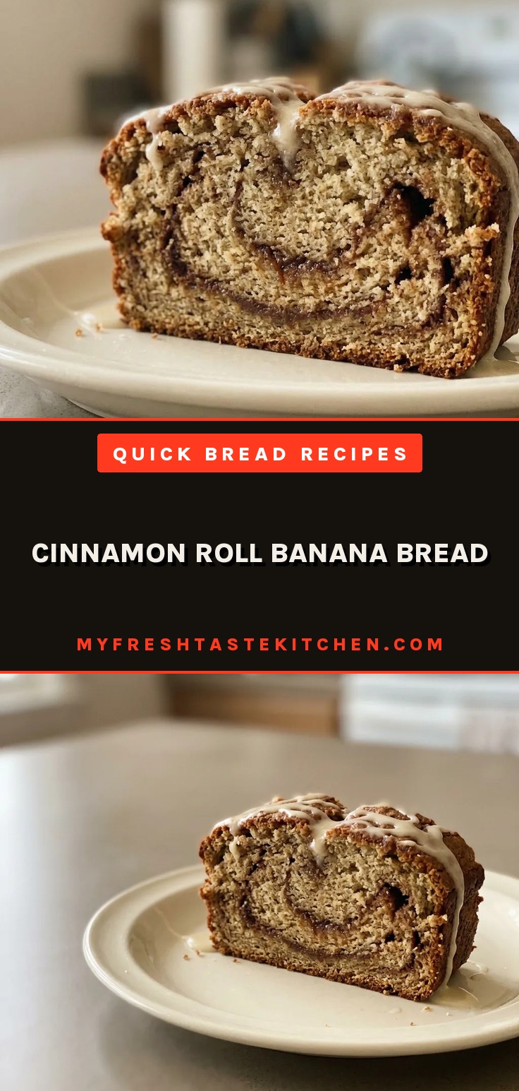 Top-down look at a slice of banana bread with a thick cinnamon swirl and a drizzle of white icing.