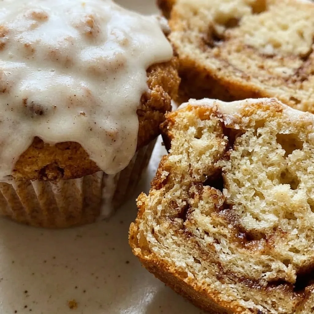 Up close, a muffin with a swirl of brown sugar and cinnamon, drizzled with thick cream cheese icing.