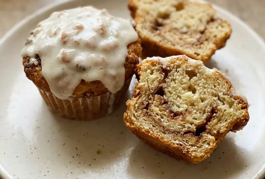 Looking down at four cinnamon roll muffins topped with white cream cheese icing and a sprinkle of cinnamon.