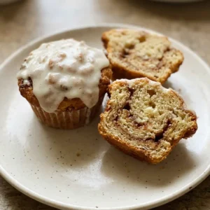 Looking down at four cinnamon roll muffins topped with white cream cheese icing and a sprinkle of cinnamon.