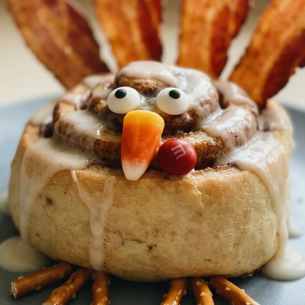 Close view of a cinnamon roll turkey topped with bacon strips, candy corn, candy eyeballs, and pretzel stick legs.
