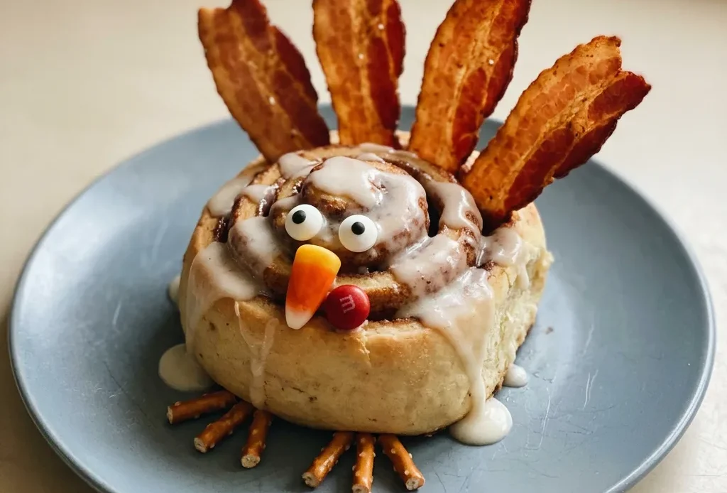 Overhead shot of three cinnamon roll turkeys, each with bacon feathers, candy corn beaks, candy eyeballs, and pretzel stick legs.