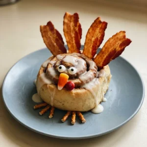Overhead shot of three cinnamon roll turkeys, each with bacon feathers, candy corn beaks, candy eyeballs, and pretzel stick legs.