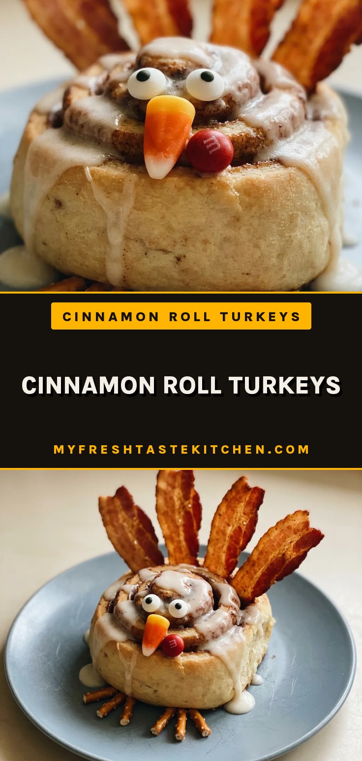 Cinnamon roll turkeys with bacon tail feathers, candy corn beaks, and pretzel stick legs on a baking sheet.
