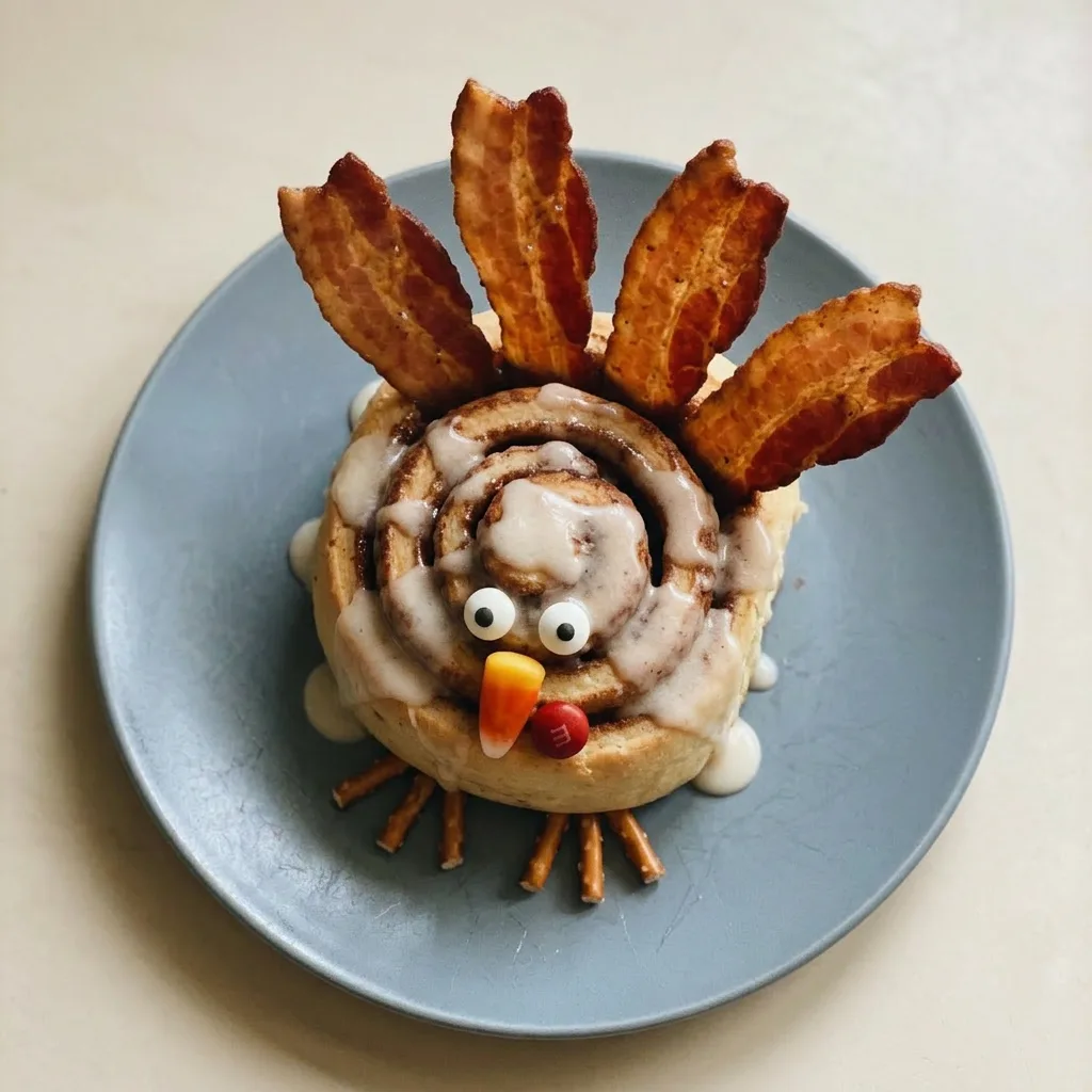 Plated cinnamon roll turkey with bacon feathers, candy corn beak, candy eyeballs, and pretzel stick legs.