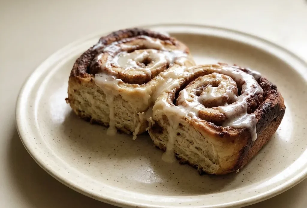 Top-down look at a spiral of cinnamon rolls with brown sugar glaze on a white dish.