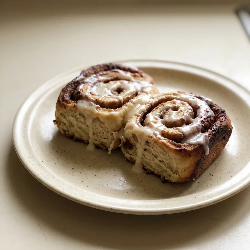 Top-down look at a spiral of cinnamon rolls with brown sugar glaze on a white dish.