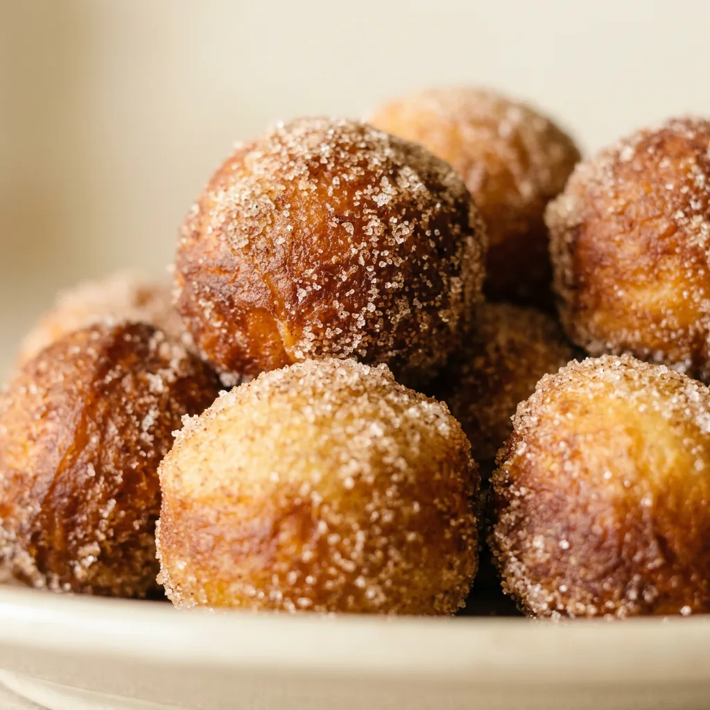 Macro detail of a single donut hole with a rough, crumbly cinnamon-sugar crust, showing its round shape.
