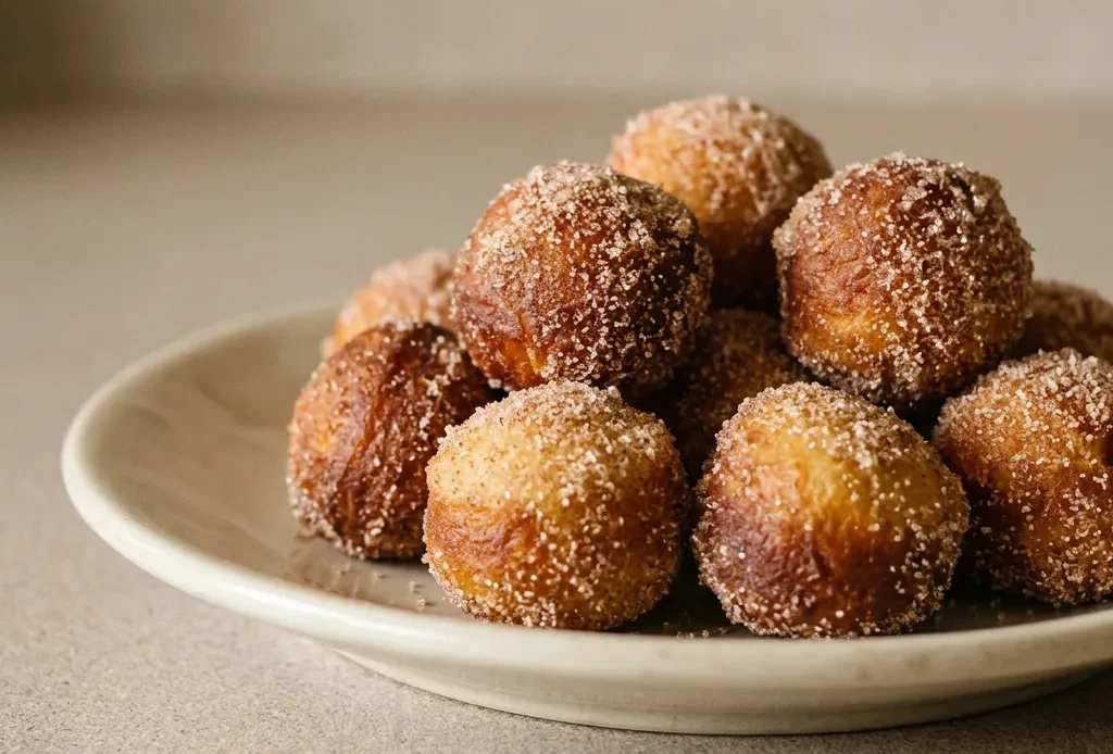 Top-down look at a pile of golden-brown donut holes coated in cinnamon sugar, with a few scattered around.