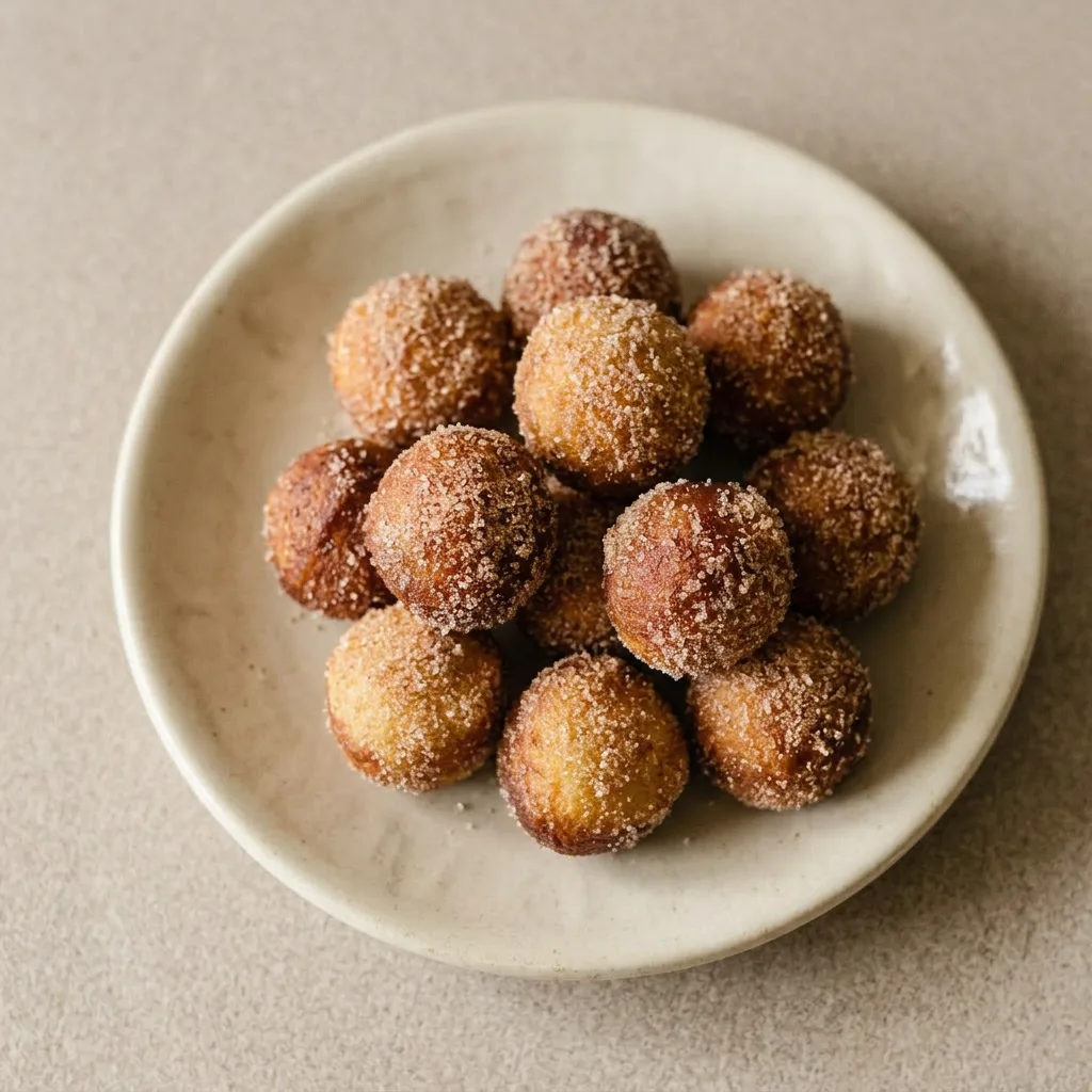 A serving of six cinnamon sugar donut holes arranged in a small heap, with visible speckles of cinnamon.