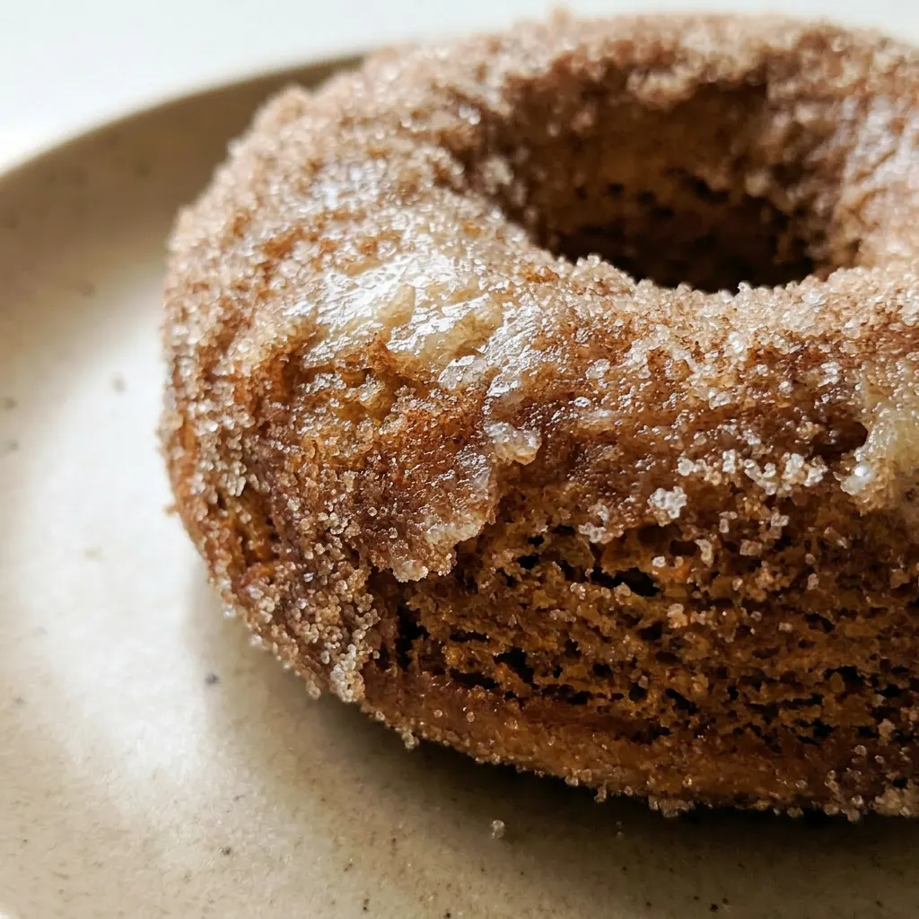 Up close, a donut with a golden-brown crust, visible cinnamon sugar crystals, and a soft crumb texture.