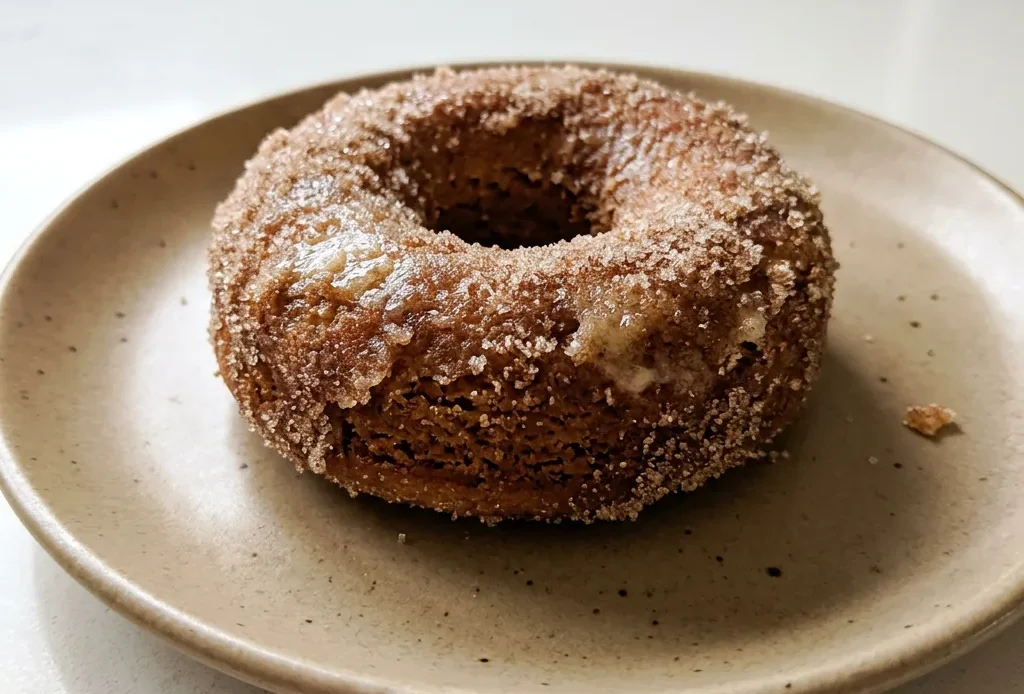 Looking down at three cinnamon sugar donuts on a dark surface, each coated in cinnamon sugar with a hole in the center.