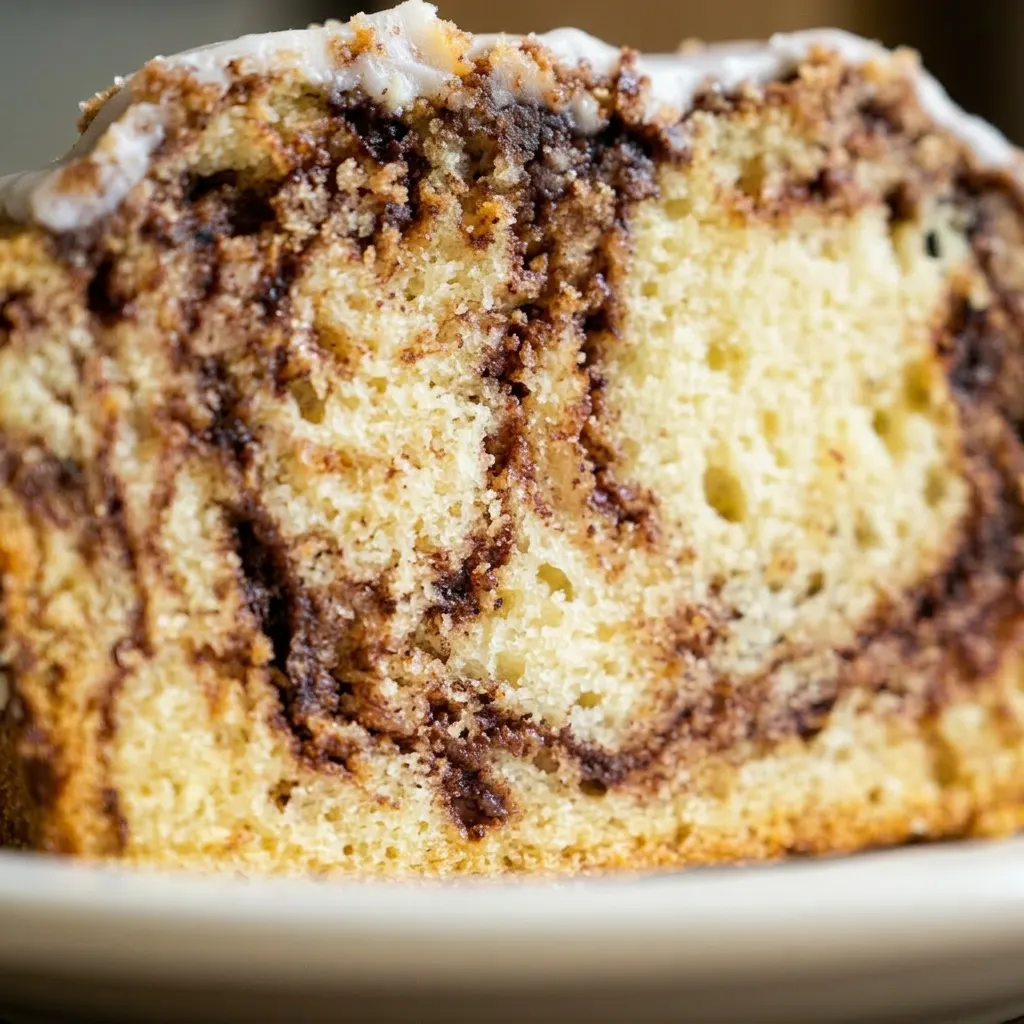 Close view of a slice of cinnamon swirl buttermilk bread with a visible cinnamon-brown sugar swirl and a drizzle of vanilla glaze.