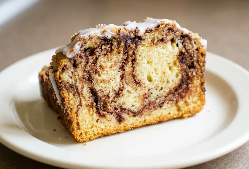 Overhead shot of a loaf of cinnamon swirl buttermilk bread sliced, revealing a spiral of cinnamon and brown sugar, topped with a white vanilla glaze.