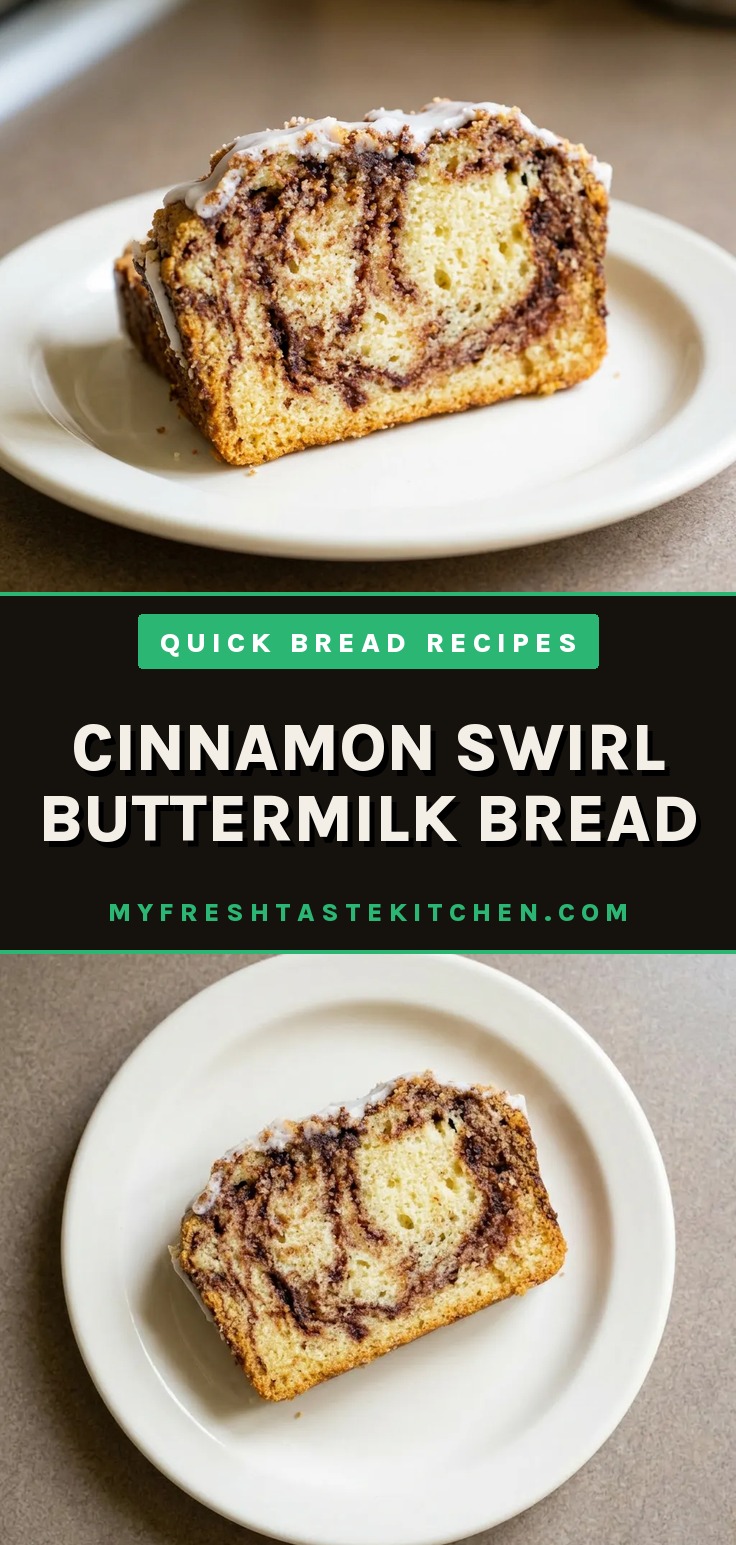 Overhead shot of a loaf of cinnamon swirl buttermilk bread sliced, revealing a spiral of cinnamon and brown sugar, topped with a white vanilla glaze.