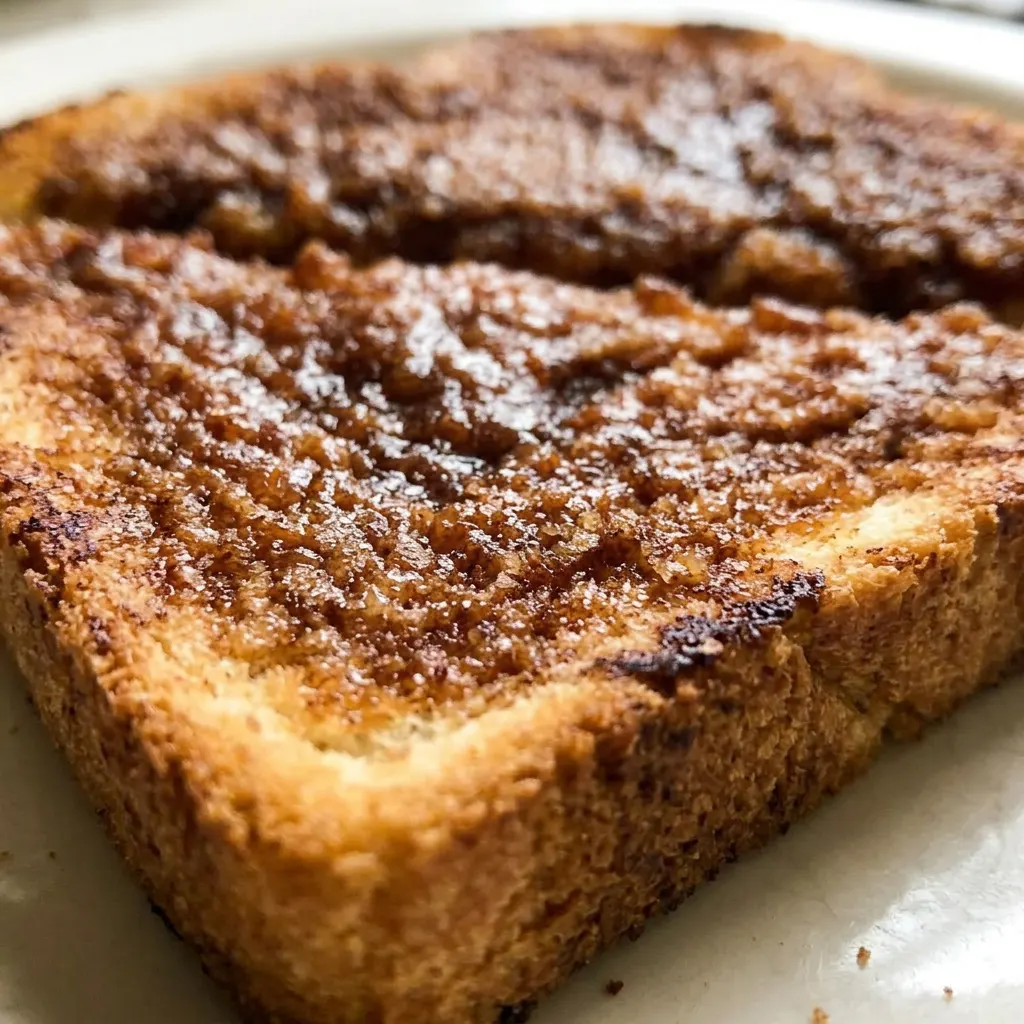 Close view of a single slice of cinnamon toast, showing the melted butter and cinnamon-sugar topping with small vanilla specks.
