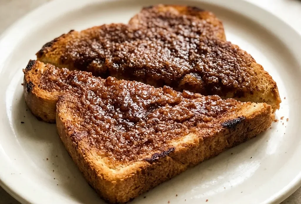 Overhead shot of two slices of cinnamon toast with a glossy, buttery sheen and visible cinnamon-sugar granules.