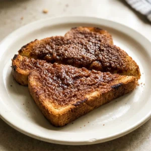 Overhead shot of two slices of cinnamon toast with a glossy, buttery sheen and visible cinnamon-sugar granules.