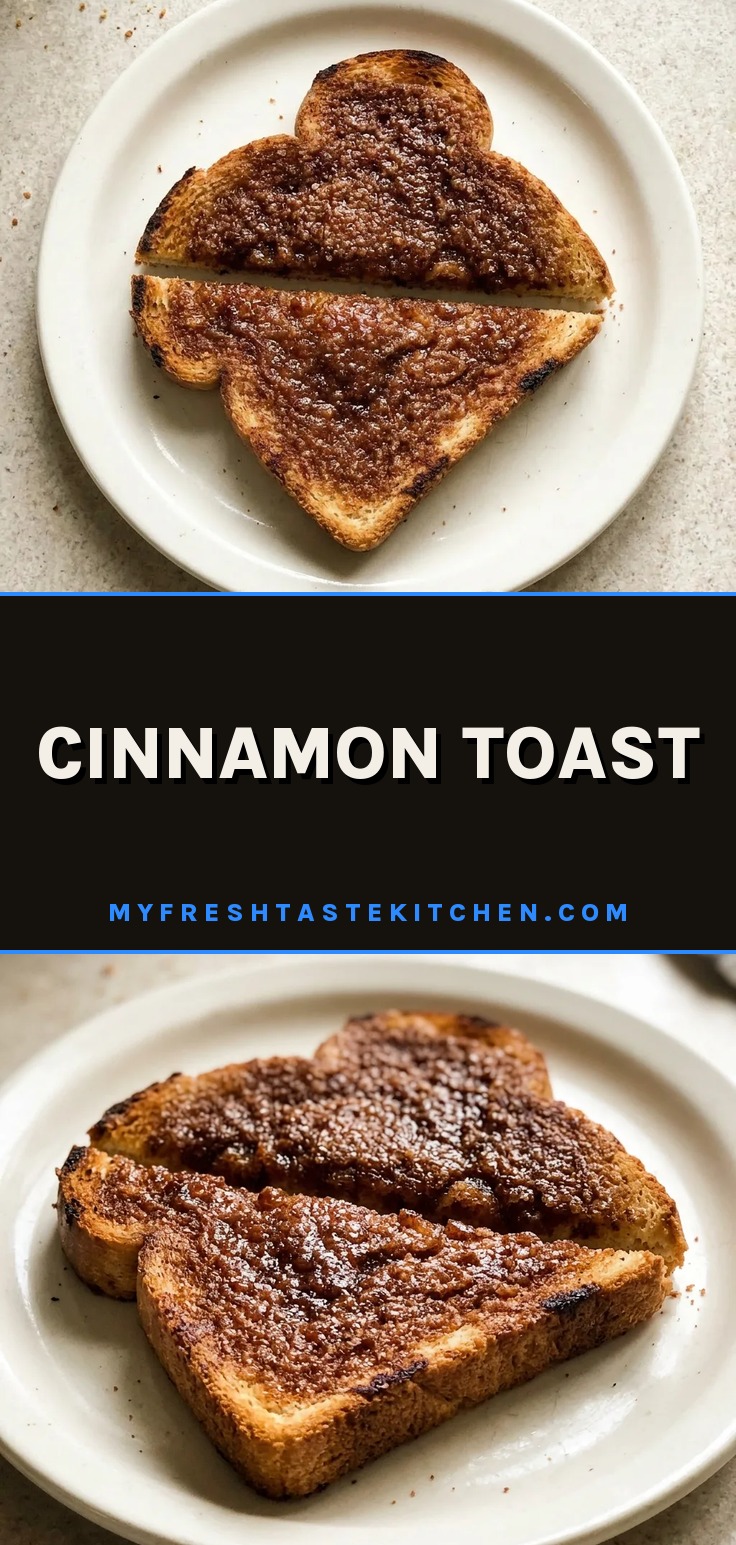 Overhead shot of two slices of cinnamon toast with a glossy, buttery sheen and visible cinnamon-sugar granules.