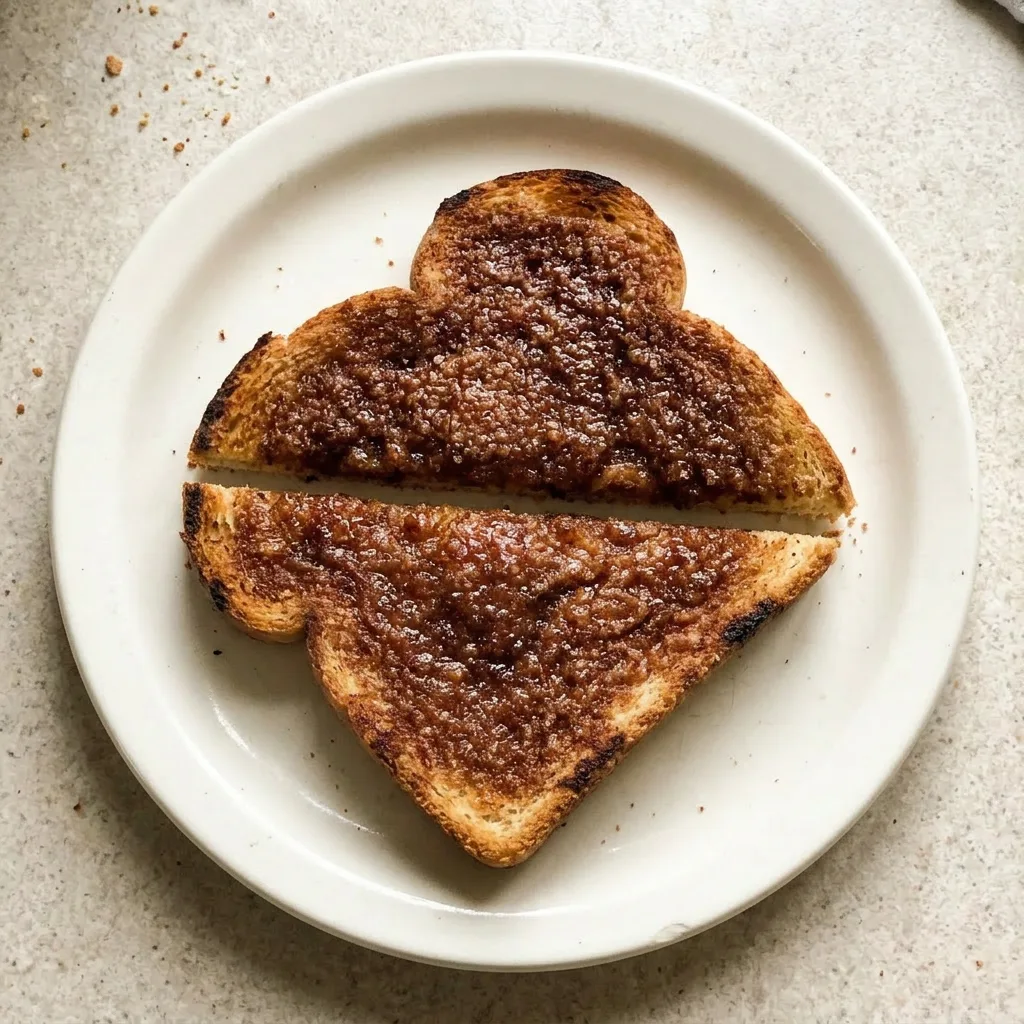 Plated cinnamon toast slices arranged slightly overlapping, their golden-brown tops coated with cinnamon and sugar.